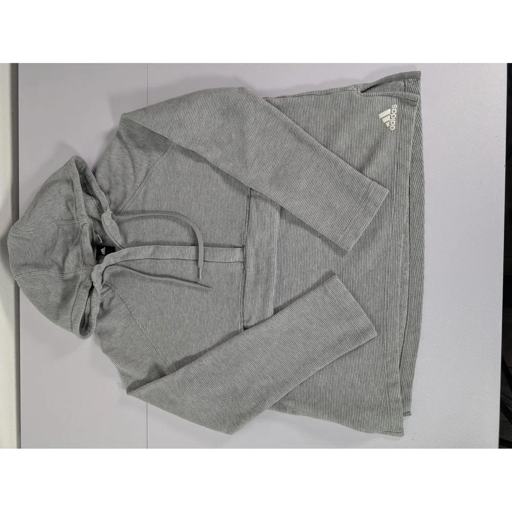 Adidas Hoodie Sweatshirt‎ Womens Large Gray Ribbed Pullover Kangaroo Pocket